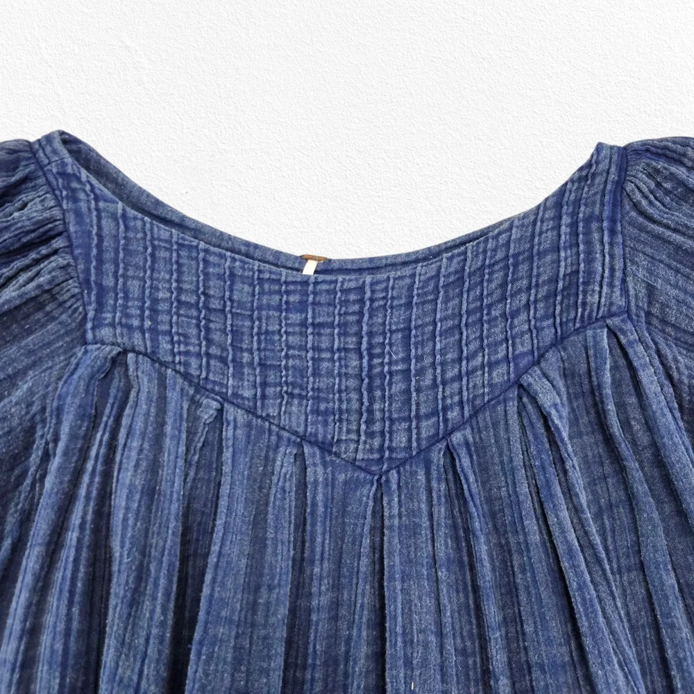 Free People Blue Gauze Tiered Peasant Tunic Dress Oversized Boho Top Size XS
